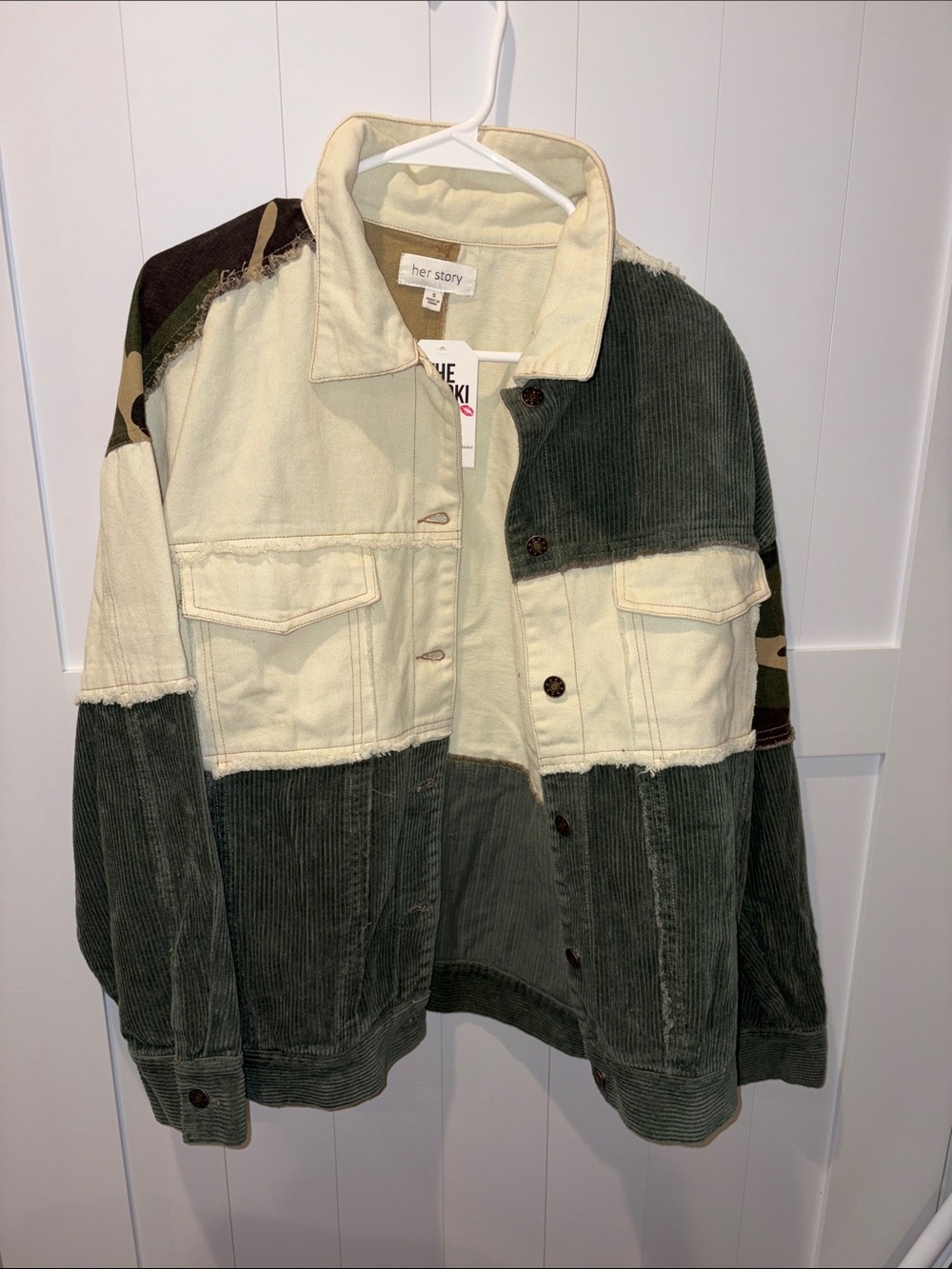 BRAND NEW) Colorblocked Corduroy Jacket - Olive & Cream with Camo Accent